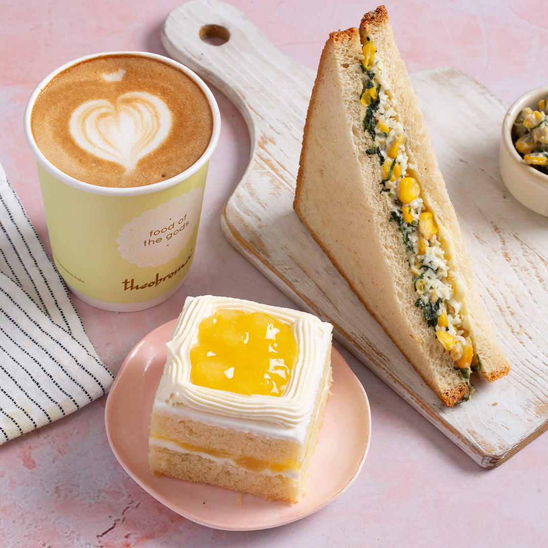 Choice of Beverage + Eggless Pastry + Veg Sandwich/Savoury