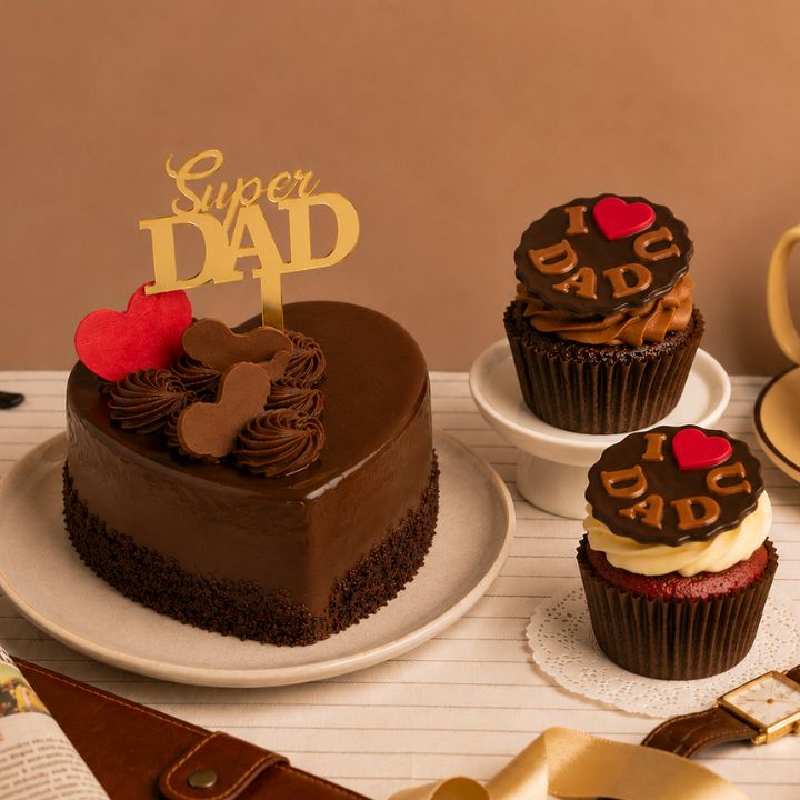 Father's Day Chocolate and Strawberry Heart Bento Cake [300g] + 2 Cupcakes